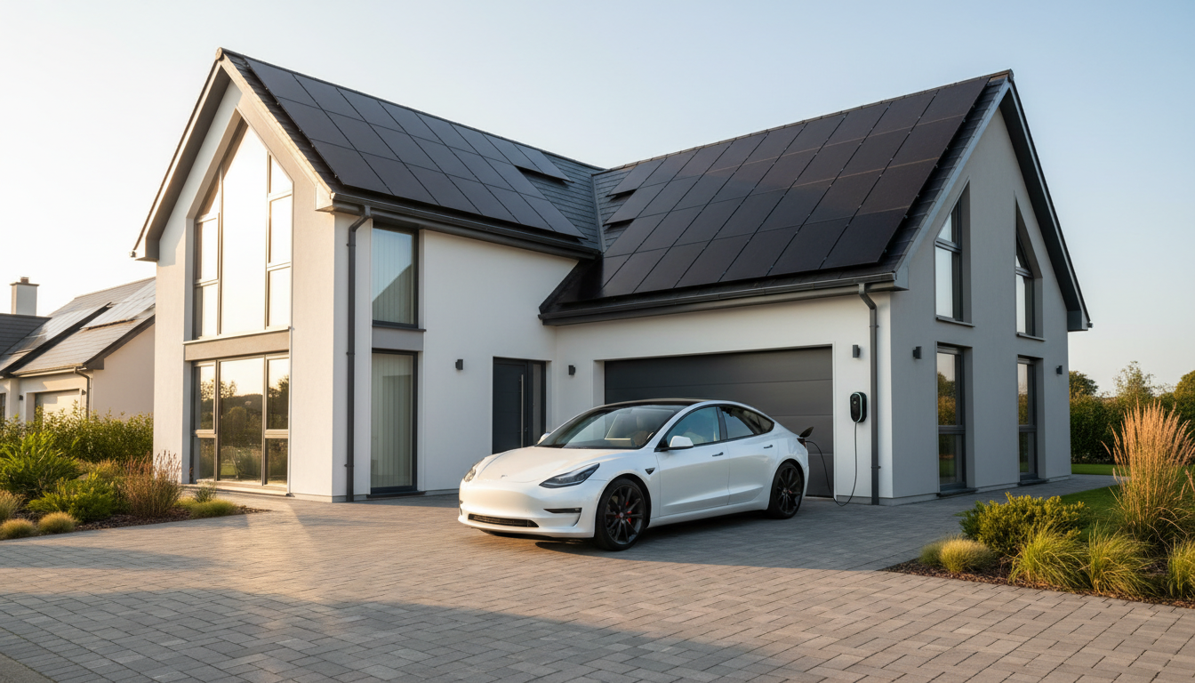 Modern Irish home with solar panels and an electric vehicle